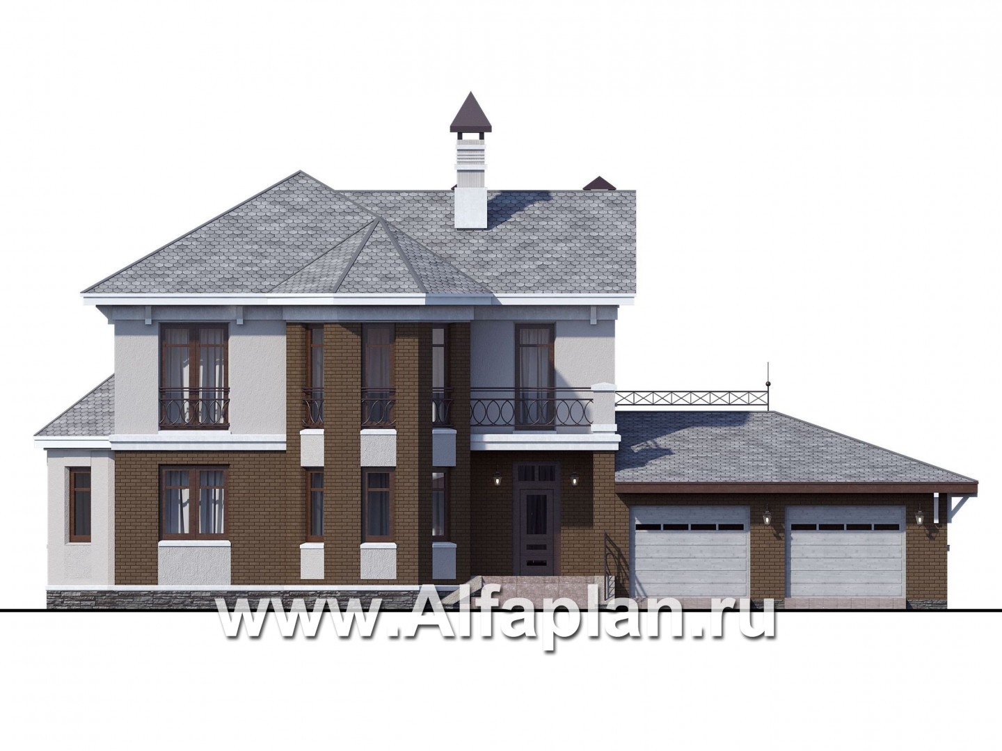 Проекты домов Альфаплан - «Классический»- двухэтажный особняк с эркером и большим гаражом - изображение фасада №1
