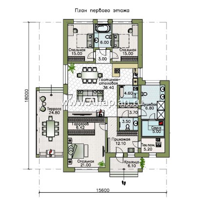 Проекты домов Альфаплан - «Юкон» - проект просторного одноэтажного коттеджа с террасой - превью плана проекта №1