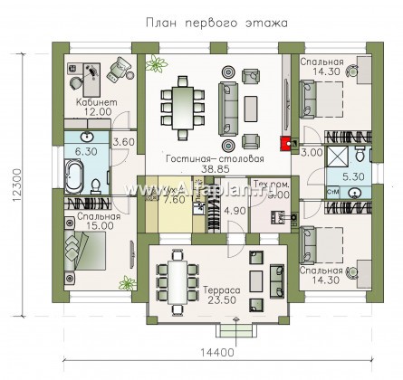 Проекты домов Альфаплан - «Стрельна» - одноэтажный дом с четырьмя комнатами и террасой - превью плана проекта №1