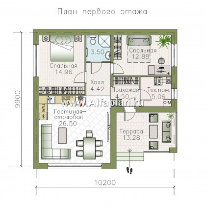 «Дега» - проект одноэтажного дома из газобетона, с террасой, 2 спальни - превью план дома