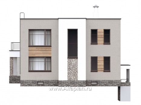 Проекты домов Альфаплан - «Серотонин» - проект современного хай-тек дома с плоской кровлей и цокольным этажом - превью фасада №4