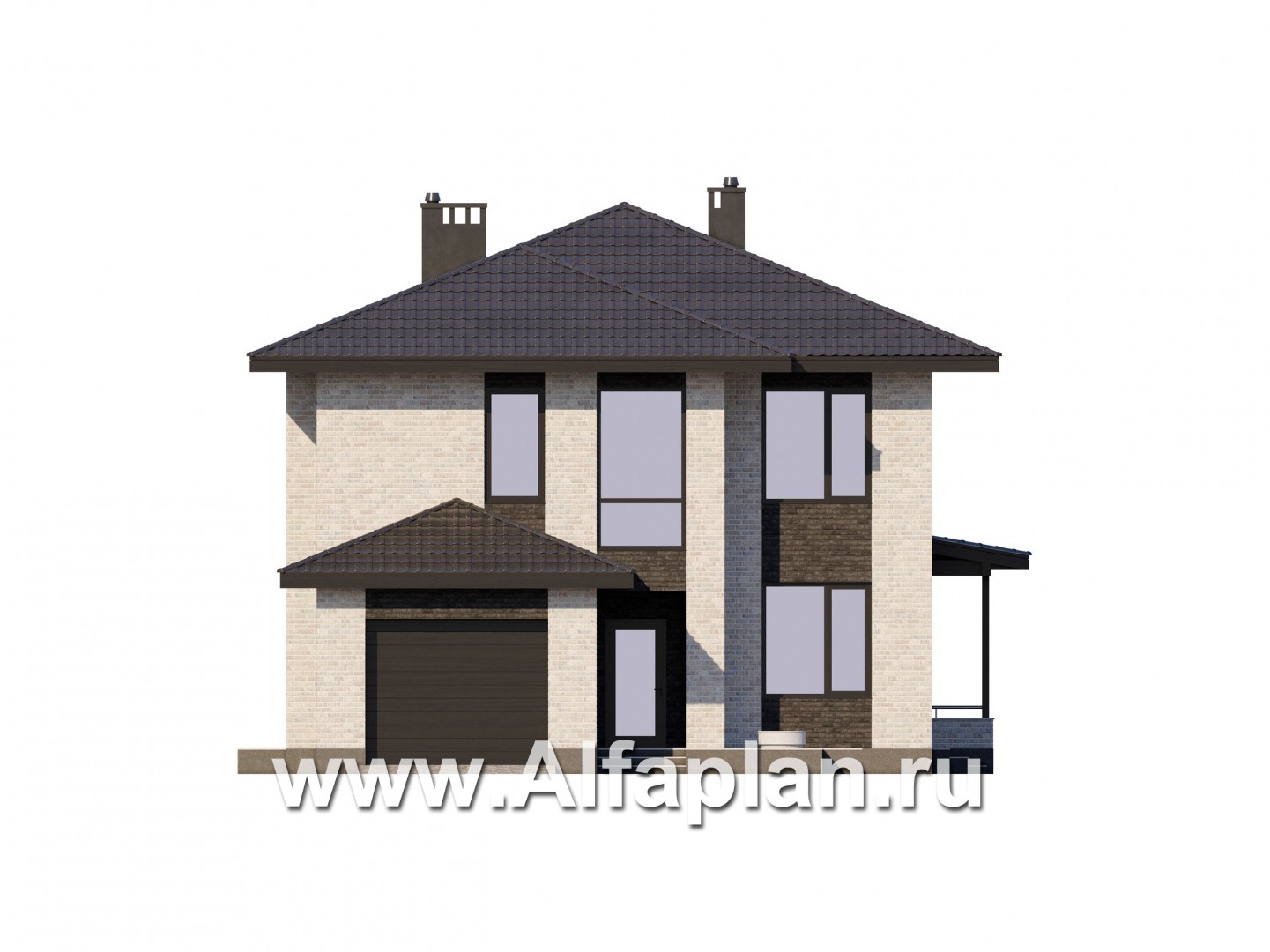 Проекты домов Альфаплан - Двухэтажный дом из газобетона с гаражом - изображение фасада №1