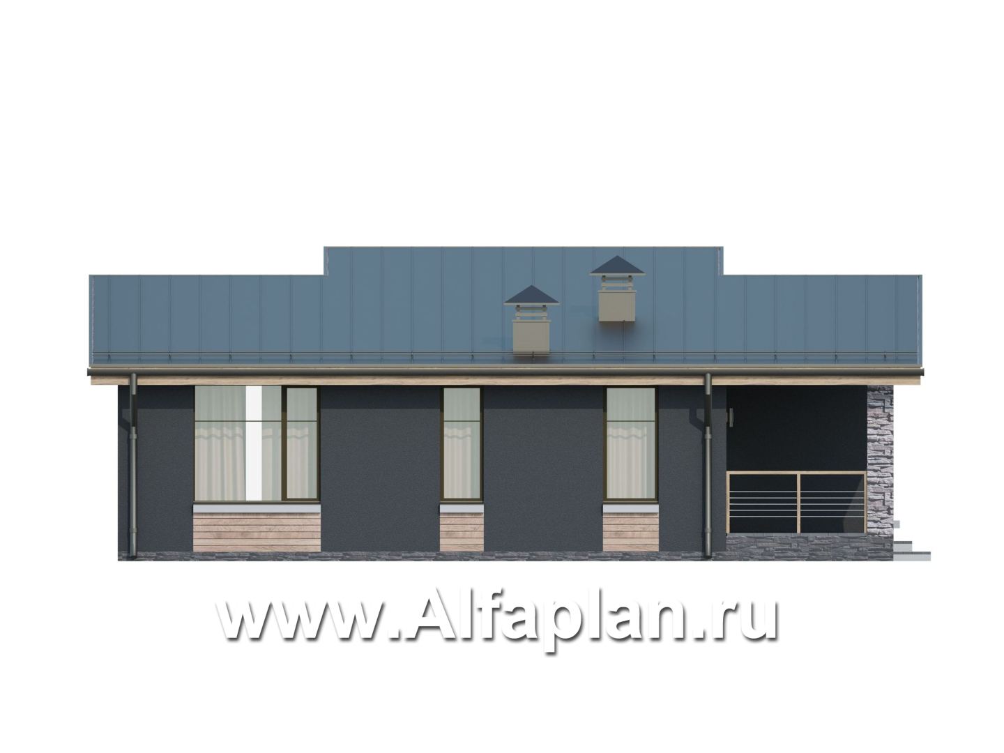 Проекты домов Альфаплан - «Корица» - одноэтажный дом с односкатной крышей, с двумя спальнями - изображение фасада №4