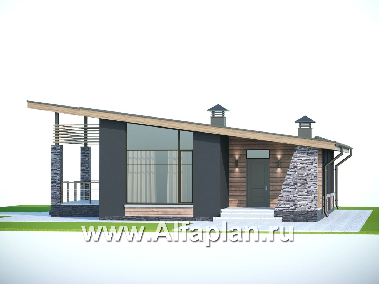 «Корица» - проект одноэтажного дома, с террасой, 2 спальни, с односкатной крышей - дизайн дома №5