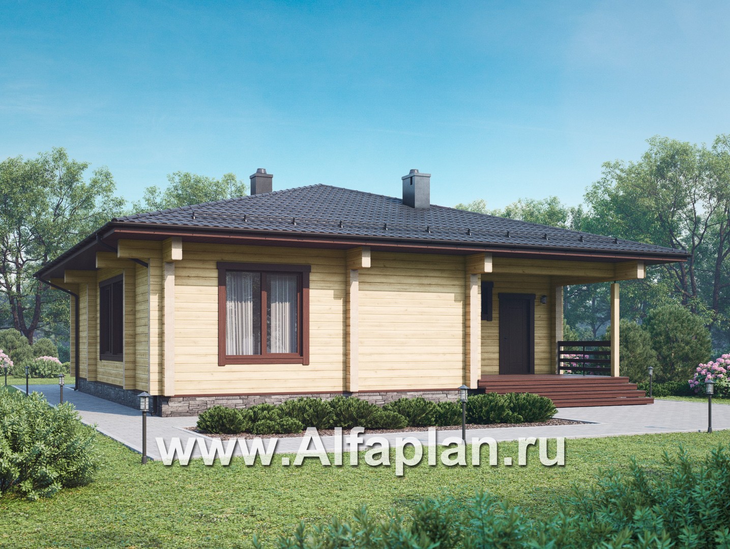 Проект одноэтажного дома из бруса, 3 спальни, дача с террасой, коттедж для отдыха - дизайн дома №1