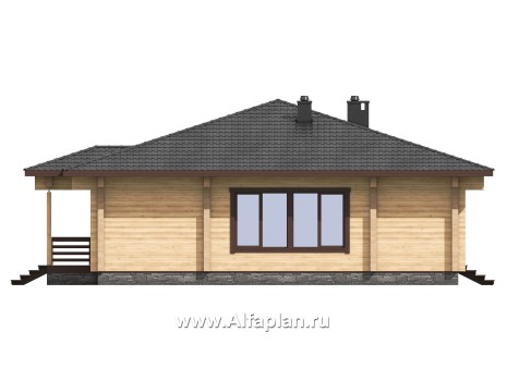 Проект одноэтажного дома из бруса, 3 спальни, дача с террасой, коттедж для отдыха - превью фасада дома