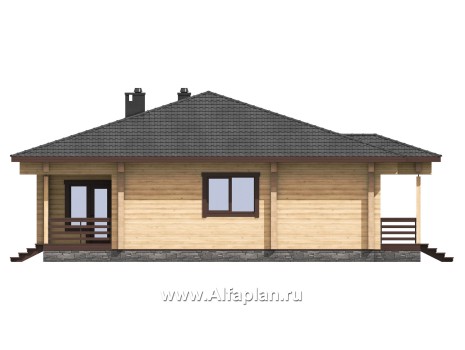 Проект одноэтажного дома из бруса, 3 спальни, дача с террасой, коттедж для отдыха - превью фасада дома