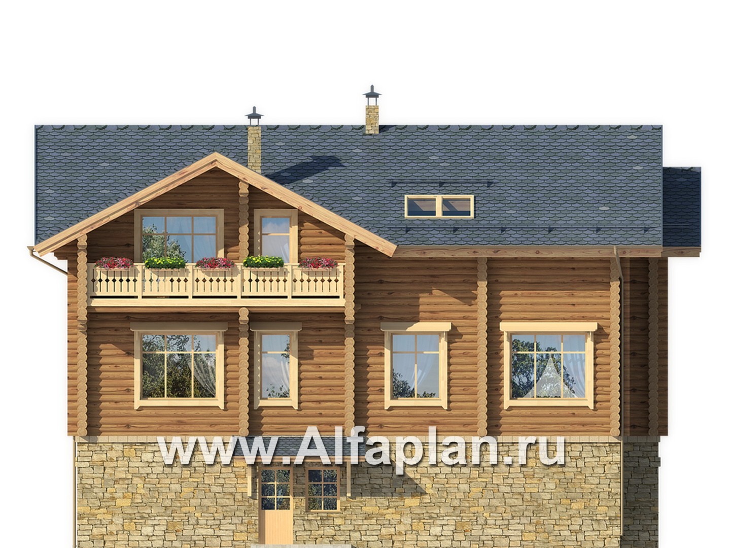 Проекты домов Альфаплан - "Традиция" - дом из бревен на каменном цоколе, подойдет для участков с рельефом - изображение фасада №4