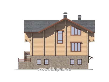 Проекты домов Альфаплан - "Традиция" - дом из бревен с гаражом в цокольном этаже из камня - превью фасада №2