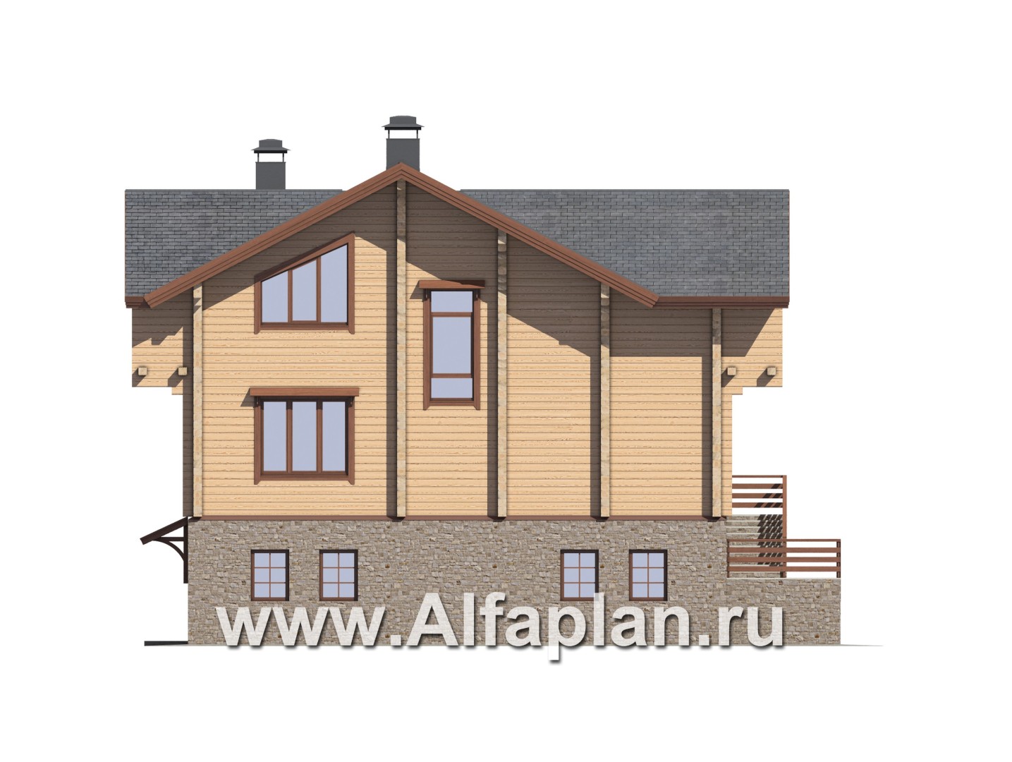 Проекты домов Альфаплан - "Традиция" - дом из бревен с гаражом в цокольном этаже из камня - изображение фасада №3