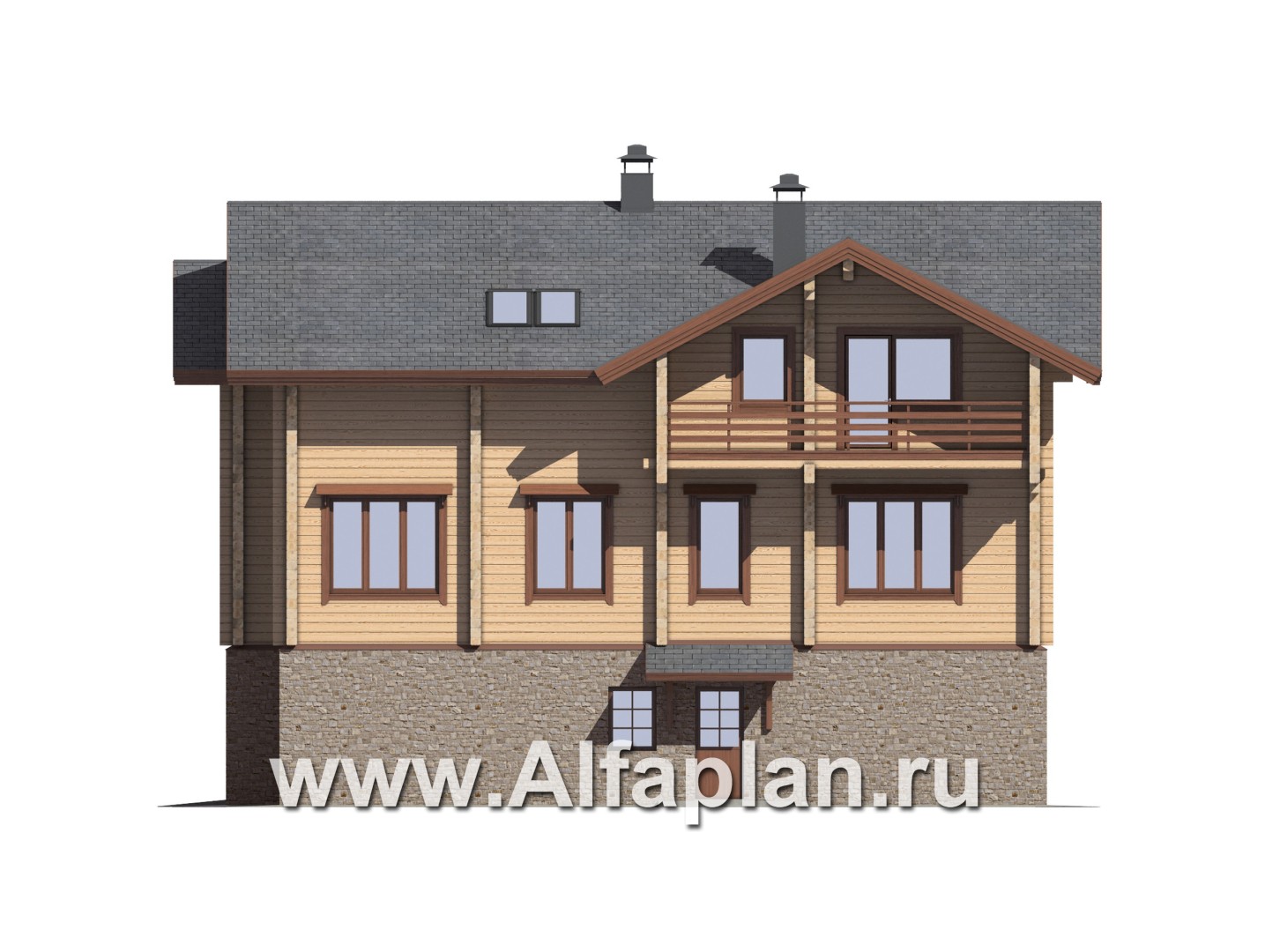 Проекты домов Альфаплан - "Традиция" - дом из бревен с гаражом в цокольном этаже из камня - изображение фасада №4