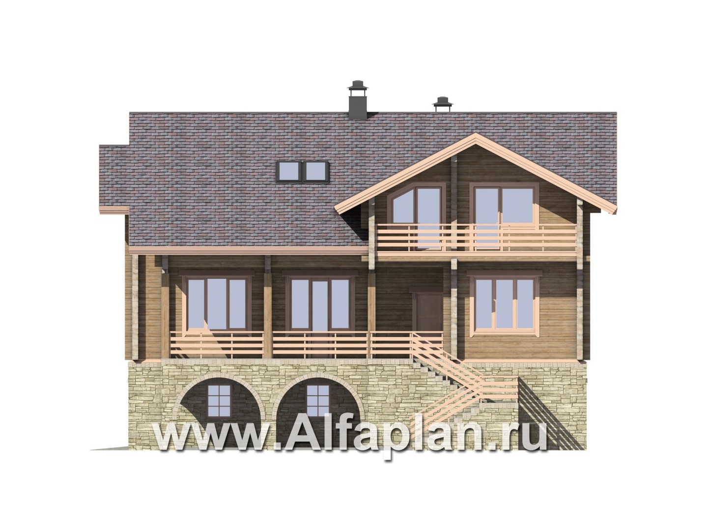 Проекты домов Альфаплан - "Традиция" - дом из бревен с гаражом в цокольном этаже из камня - изображение фасада №1