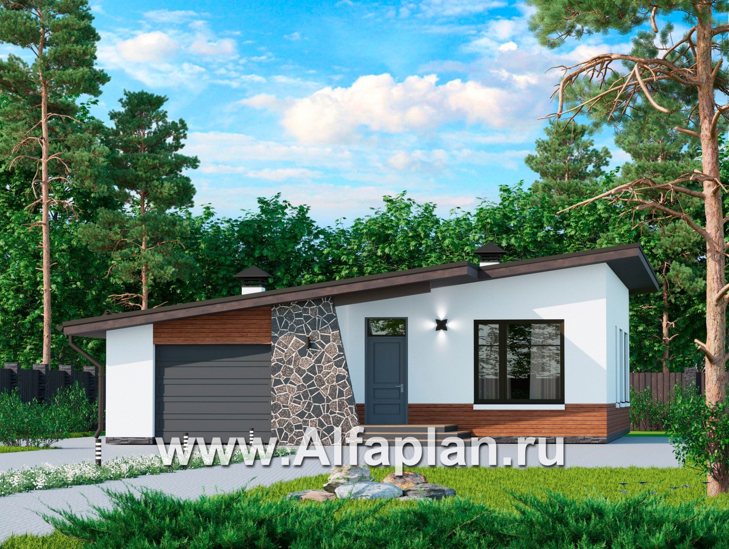 Проекты домов Альфаплан - Проект одноэтажного дома из газобетона, с гаражом - основное изображение