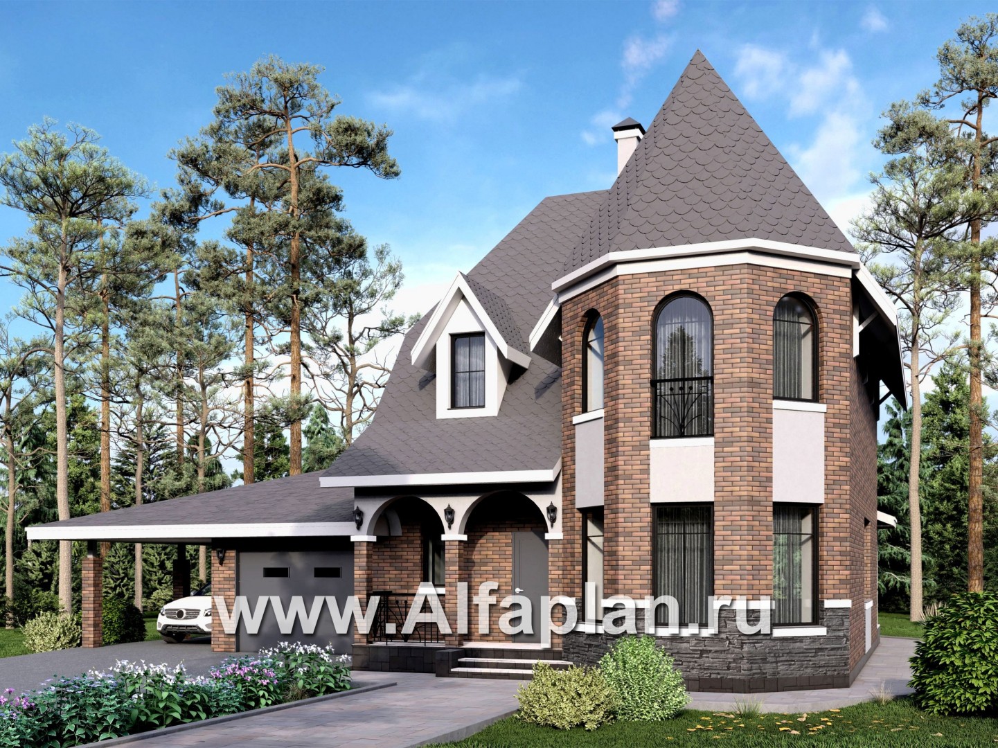 Проекты домов Альфаплан - Проект двухэтажного дома с эркером и гаражом - основное изображение