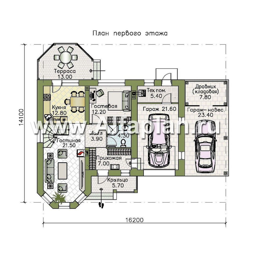 Проекты домов Альфаплан - Проект двухэтажного дома с эркером и гаражом - план проекта №1