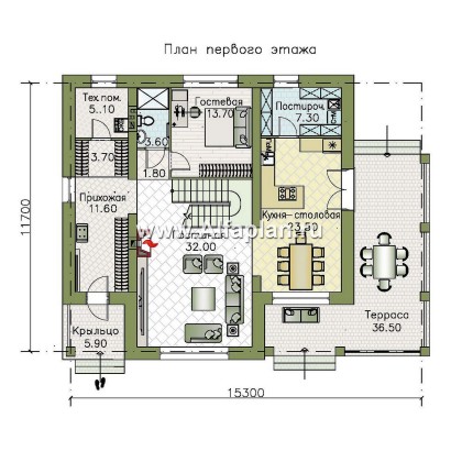 Проекты домов Альфаплан - "Вермеер" - проект двухэтажного дома с лестницей в гостиной - превью плана проекта №1