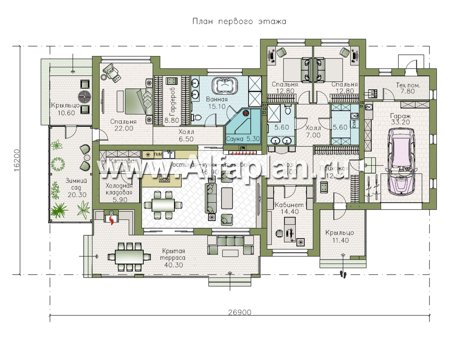Проекты домов Альфаплан - "Ривьера" - современный, роскошный одноэтажный дом - план проекта №1
