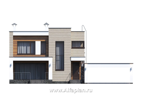 «Эрго» - проект двухэтажного дома с плоской кровлей 10х10м, с навесом на 2 авто, терраса со стороны входа - превью фасада дома