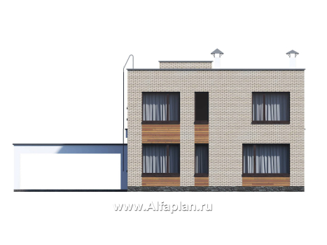 «Эрго» - проект двухэтажного дома с плоской кровлей 10х10м, с навесом на 2 авто, терраса со стороны входа - превью фасада дома