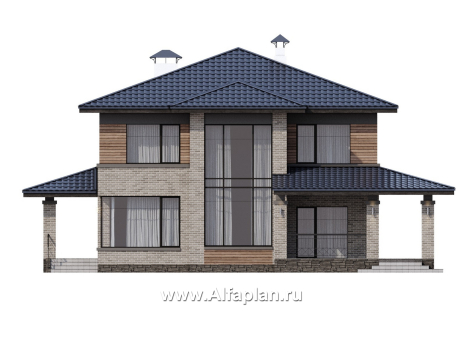«Триггер роста» - проект двухэтажного дома из блоков, с террасой и вторым светом, в стиле Райта - превью фасада дома