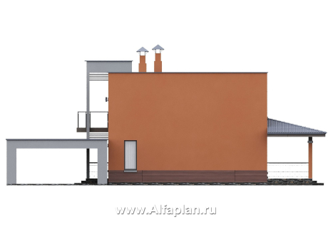 «Невада» - проект двухэтажного дома из газобетона, с террасой, навес на 2 авто, с плоской крышей в стиле минимализм - превью фасада дома
