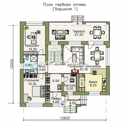 Проекты домов Альфаплан - «Ренуар» - изящный коттедж с двумя комнатами на первом этаже - превью плана проекта №1