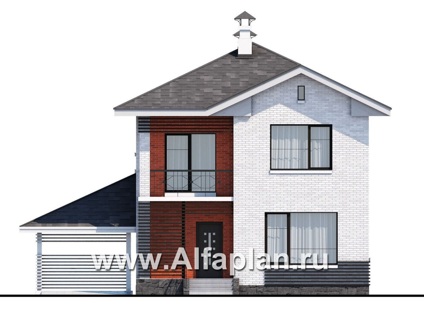 Проект двухэтажного дома из кирпича «Серебро», с террасой и с навесом для авто - фасад дома