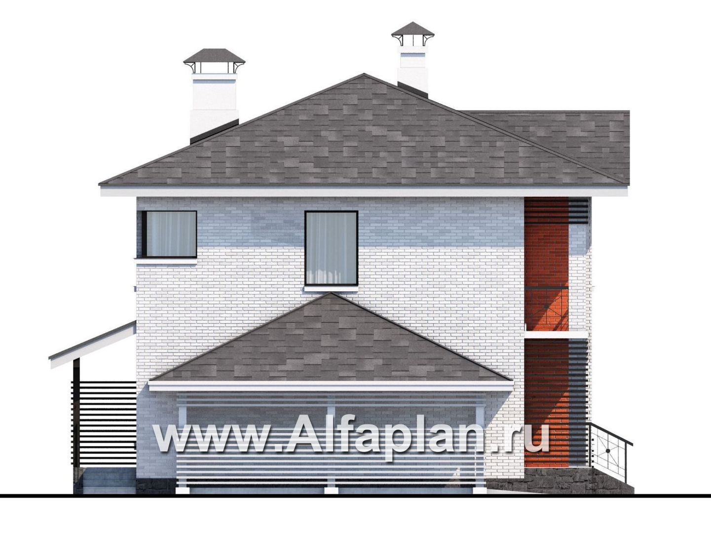 Проект двухэтажного дома из кирпича «Серебро», с террасой и с навесом для авто - фасад дома