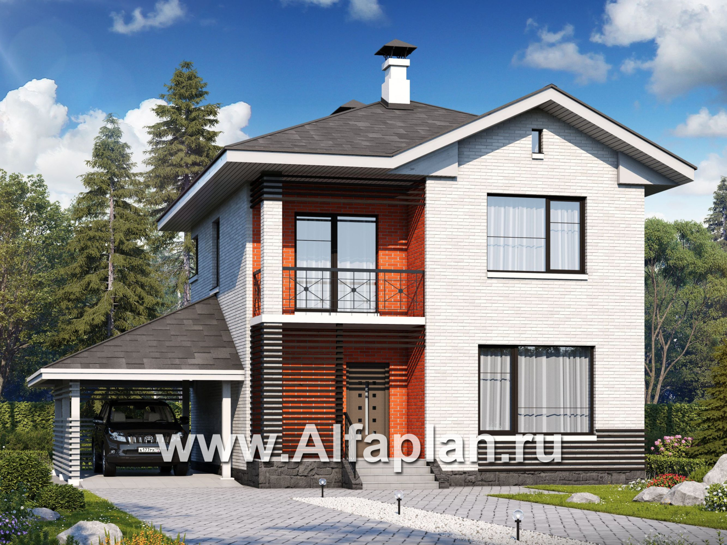Проект двухэтажного дома из кирпича «Серебро», с террасой и с навесом для авто - основное изображение