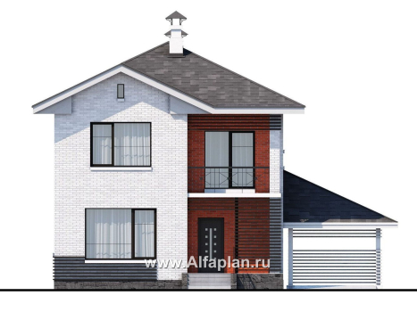 Проекты домов Альфаплан - Кирпичный дом «Серебро» с навесом для машины - превью фасада №1