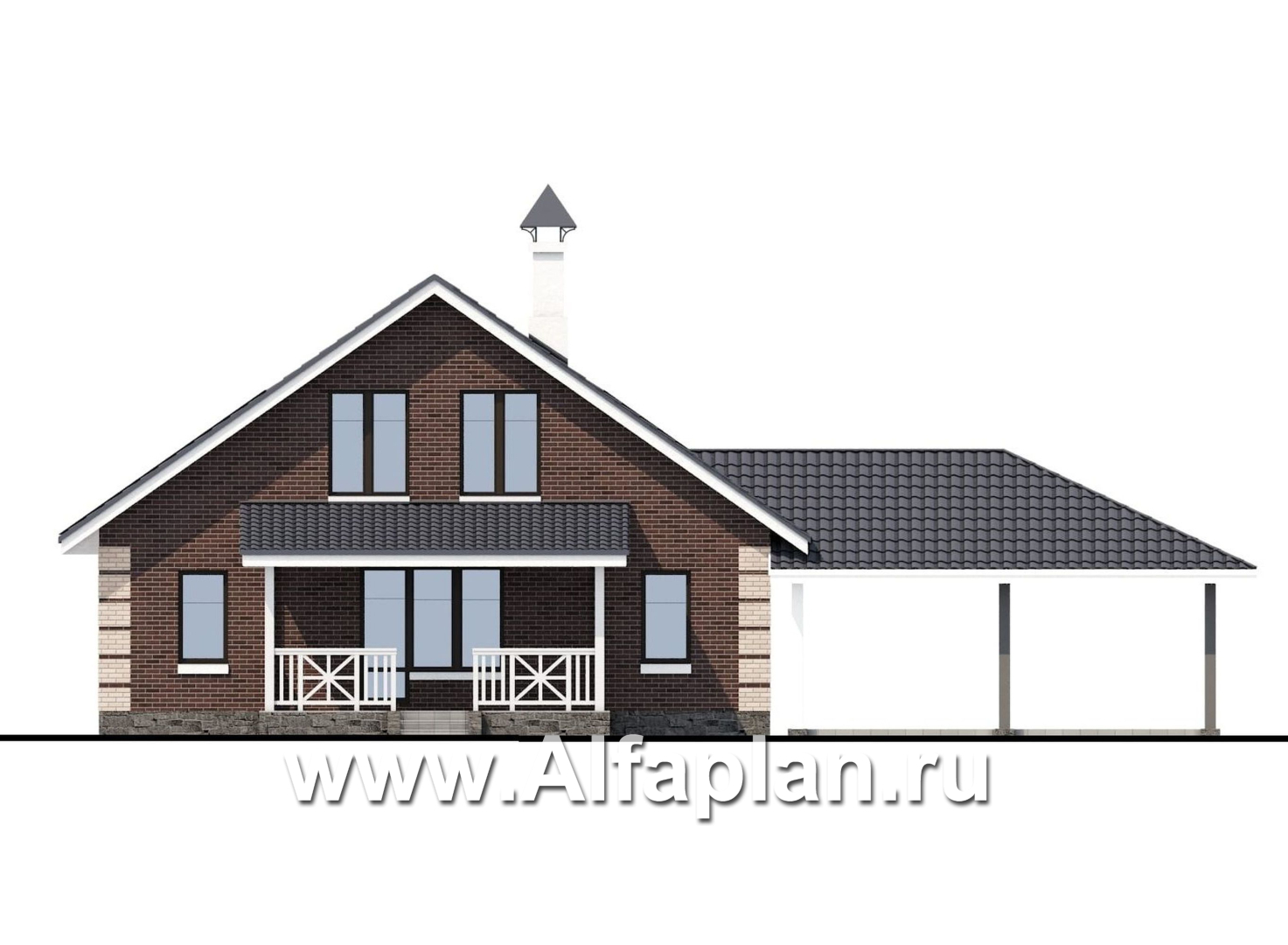Проекты домов Альфаплан - «Замечательный сосед» - небольшой мансардный дом с гаражом-навесом на два автомобиля - изображение фасада №4