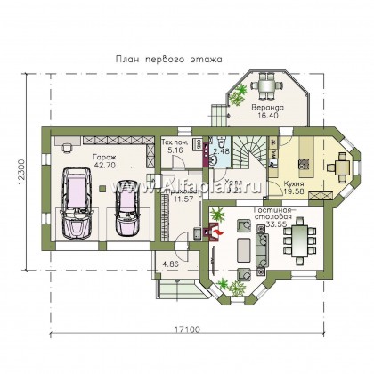 Проекты домов Альфаплан - «Классика» - двухэтажный особняк с эркером и гаражом на два автомобиля - превью плана проекта №1