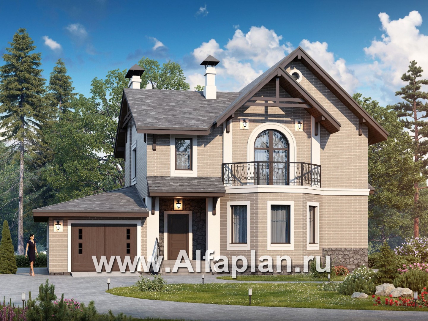Проекты домов Альфаплан - «Бригантина» - коттедж с компактным планом и гаражом - основное изображение