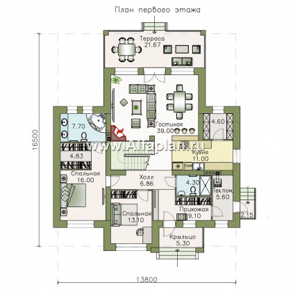 Проекты домов Альфаплан - «Высшая лига» -  Дом с двумя жилыми комнатами на 1эт, большой гостиной и крытой террасой - превью плана проекта №1