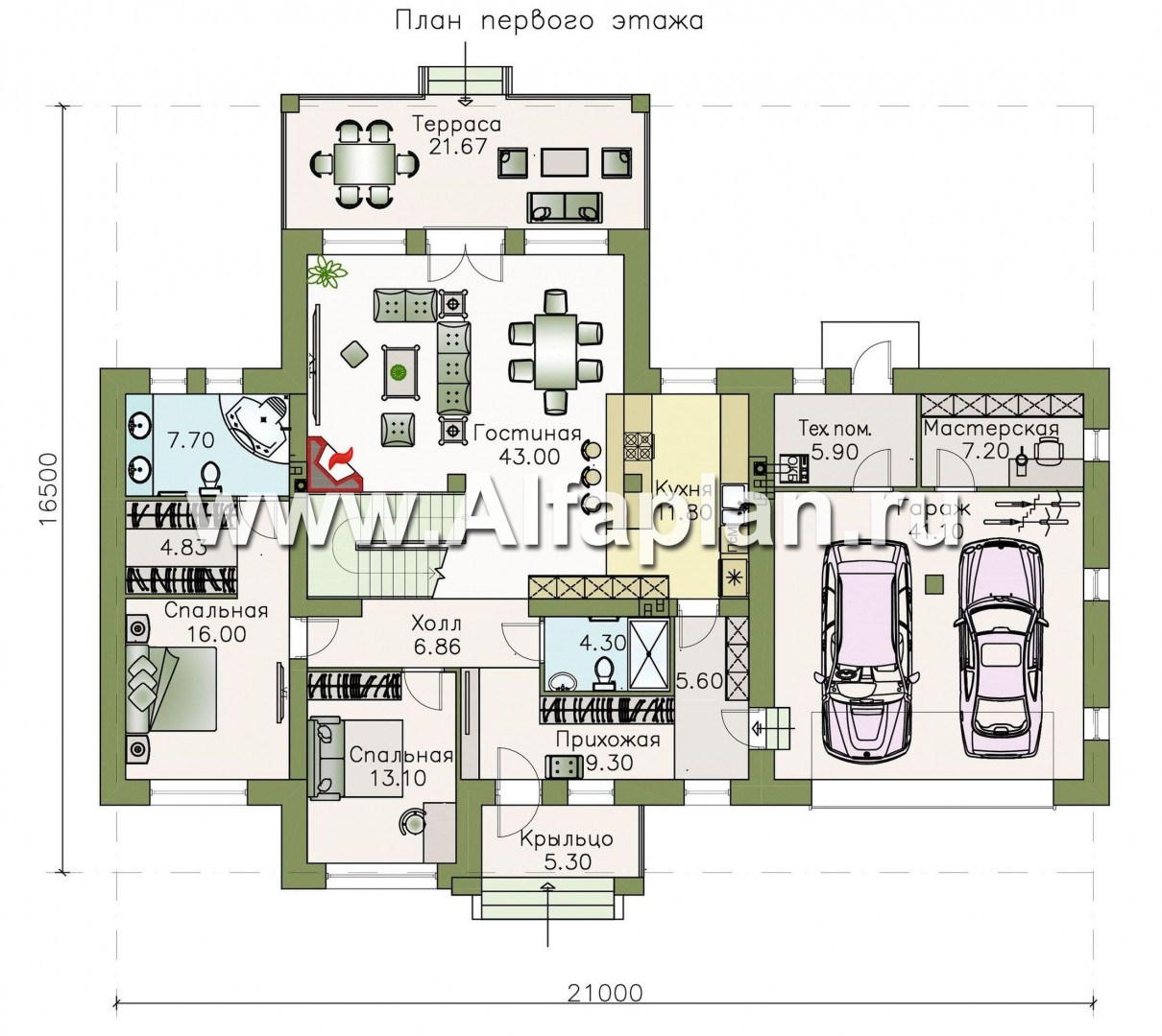 Проекты домов Альфаплан - «Высшая лига» -  Дом с двумя жилыми комнатами на 1эт, с гаражом на два автомобиля - план проекта №1