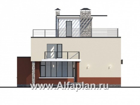 Проекты домов Альфаплан - «Земляничная долина» - коттедж с плоской кровлей и эффектным планом - превью фасада №4