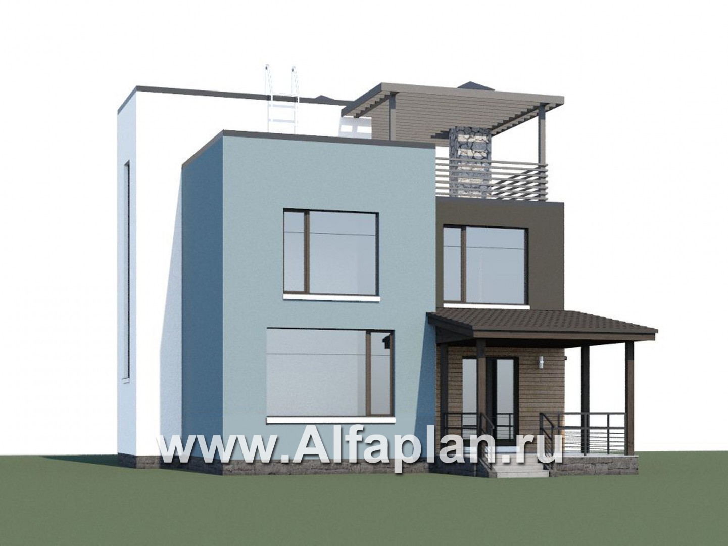 «Сектор счастья» - проект двухэтажного дома с балконом и с террасой, с плоской «зеленой» кровлей, в стиле хай-тек - дизайн дома №1