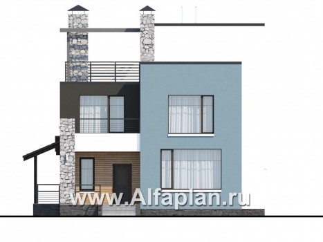 «Сектор счастья» - проект двухэтажного дома с балконом и с террасой, с плоской «зеленой» кровлей, в стиле хай-тек - превью фасада дома
