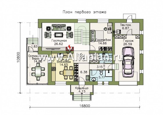 Проекты домов Альфаплан - Респектабельный коттедж с гаражом и верандой - превью плана проекта №1