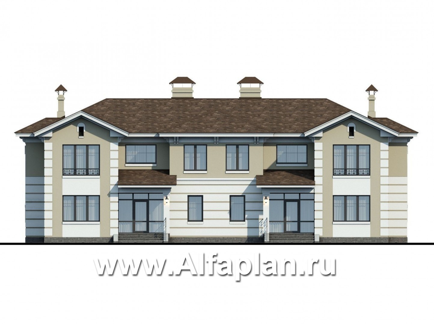 Проекты домов Альфаплан - «Репутация»-проект двухэтажного дома из газобетона, планировка с эркером и с террасой, таунхаус в английском стиле - изображение фасада №1