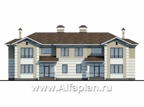 Проекты домов Альфаплан - «Репутация»-проект двухэтажного дома из газобетона, планировка с эркером и с террасой, таунхаус в английском стиле - превью фасада №1