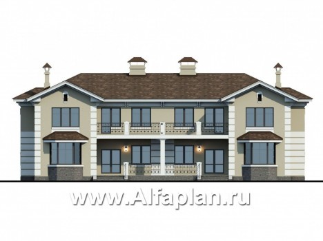 Проекты домов Альфаплан - «Репутация»-проект двухэтажного дома из газобетона, планировка с эркером и с террасой, таунхаус в английском стиле - превью фасада №4