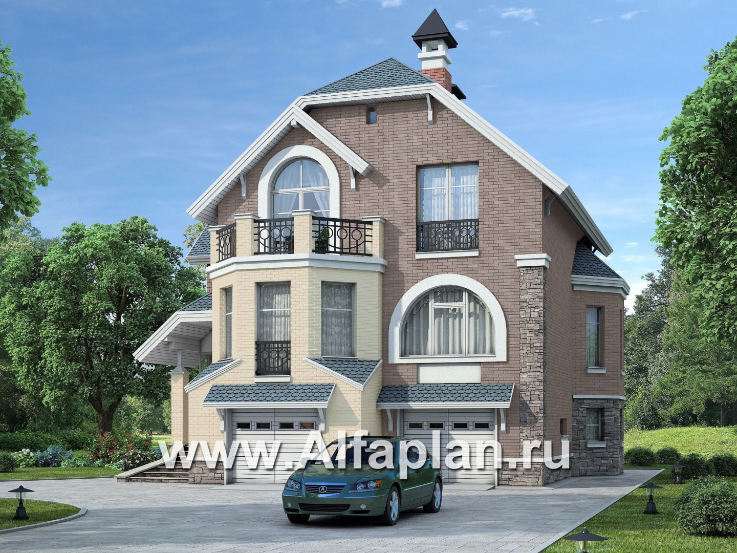 Проекты домов Альфаплан - «Корвет-прогресс» - трехэтажный коттедж с двумя гаражами - основное изображение