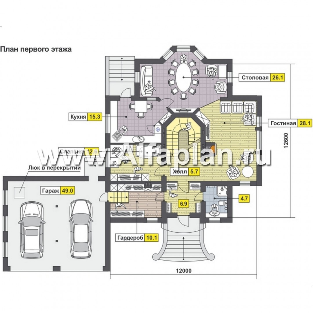 Проекты домов Альфаплан - Комфортабельный коттедж с гаражом и бассейном - план проекта №1