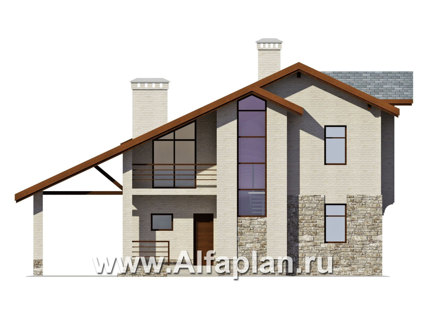 Проекты домов Альфаплан - Коттедж из кирпича с навесом для машины - изображение фасада №1