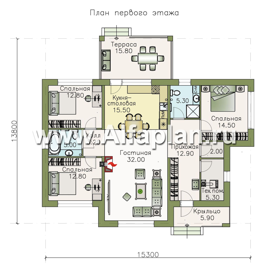 Проекты домов Альфаплан - «Мельпомена» - стильный одноэтажный коттедж с террасой - изображение плана проекта №1