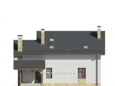 Проект дома с мансардой, план с кабинетом на 1 эт и мастер спальня на 2 эт, с террасой со стороны входа, в современном стиле - превью фасада дома