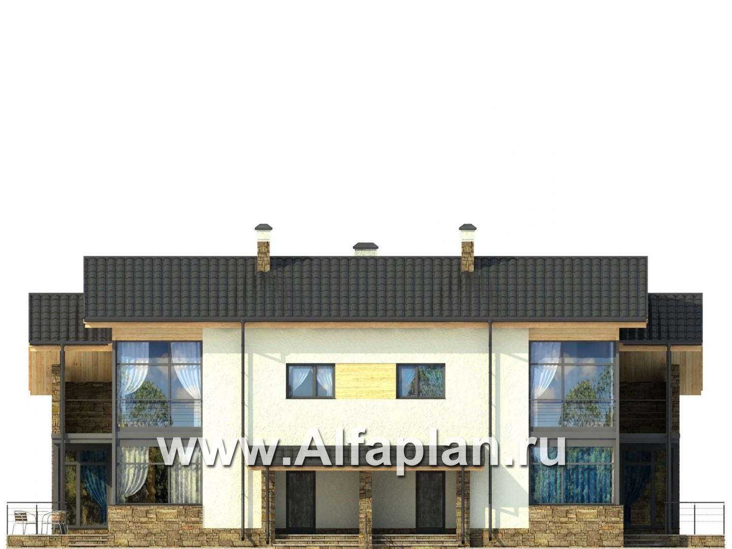 Проекты домов Альфаплан - Современный проект дома на две семьи (дуплекс) - изображение фасада №1
