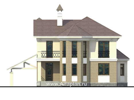 Проекты домов Альфаплан - «Классический»- двухэтажный особняк с эркером и навесом для машины - превью фасада №1