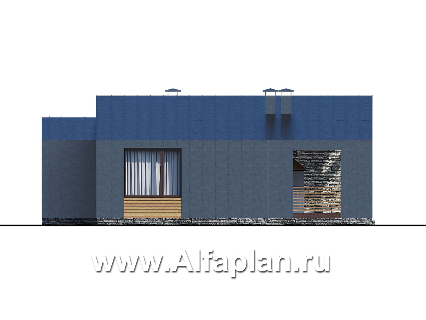Проекты домов Альфаплан - «Эпсилон» - проект одноэтажного каркасного дома с террасой со стороны входа - изображение фасада №3